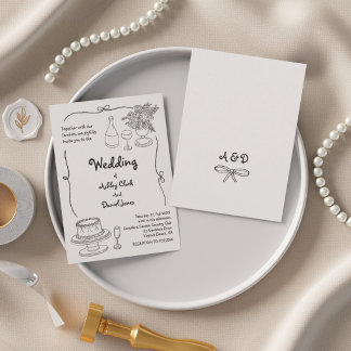 Schwarz-weiße handgezeichnete Doodle-Hochzeit Einladung