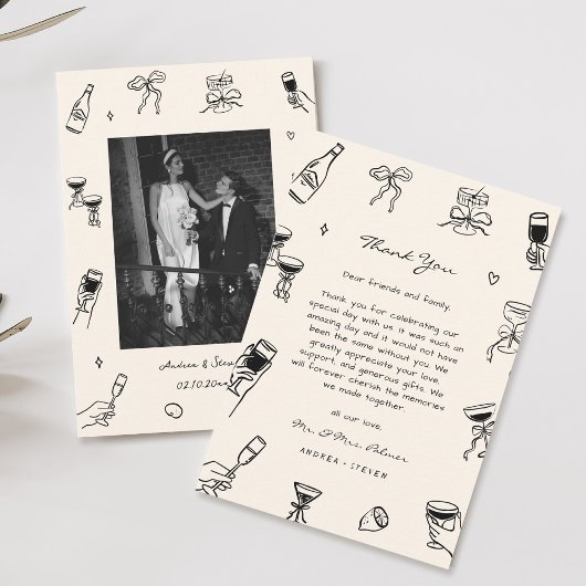 Schwarz-weiße handgezeichnete Hochzeit speichern S Dankeskarte