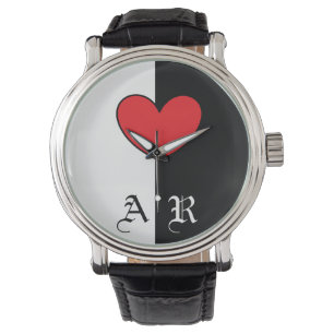 Schwarz-weiße Herz-Uhr mit Initialen Armbanduhr