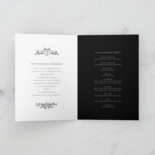 Schwarz-weiße Herz-und Blatt-Monogramm-Kunsthochze Programm (Innenseite)