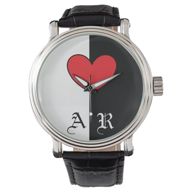 Schwarz-weiße Herzüberwachung mit Initialen Armbanduhr (Vorderseite)