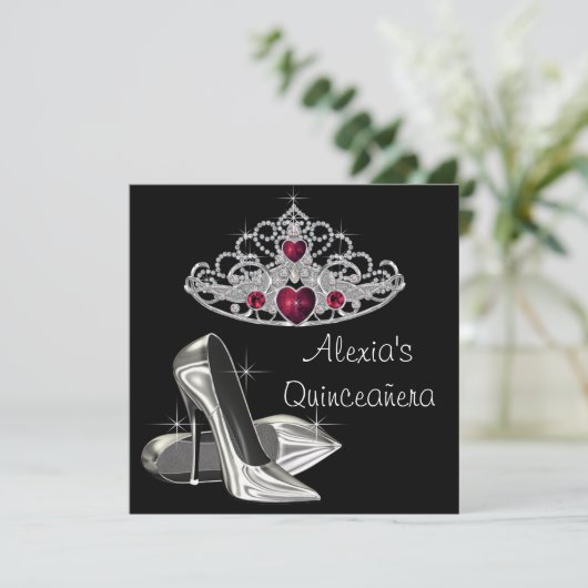 Schwarz-weiße High Heels Rot und Schwarz Quinceane Einladung (Stehend Vorderseite)