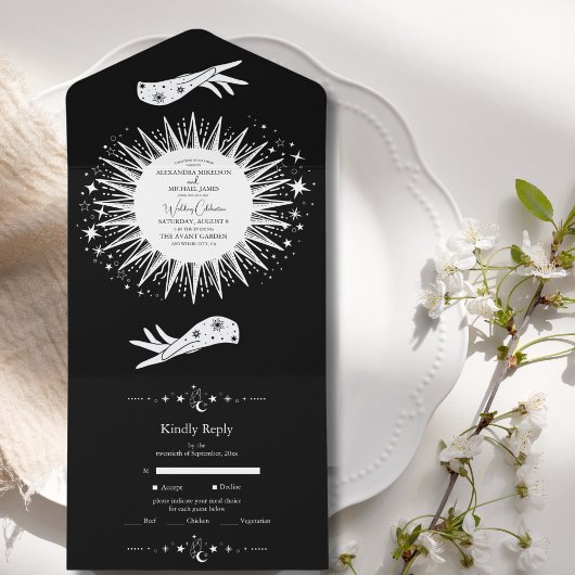 Schwarz-weiße Hochzeit der Tarot-Karte Liebhaber All In One Einladung