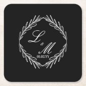 Schwarz-weiße Hochzeit für Monogramm-Skriptzweig Rechteckiger Pappuntersetzer (Vorderseite)