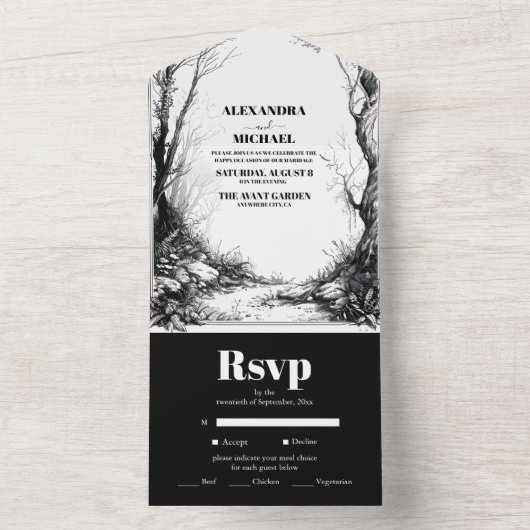 Schwarz-weiße Hochzeit im Bergwald All In One Einladung (Innen Boden)