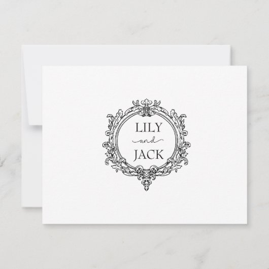 Schwarz-weiße Hochzeit, Laub-Wappen RSVP Karte (Rückseite)