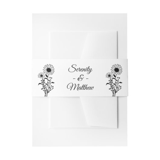 Schwarz-weiße Hochzeit mit blühenden Sonnenblumen Einladungsbanderole (Vorderseite Beispiel)