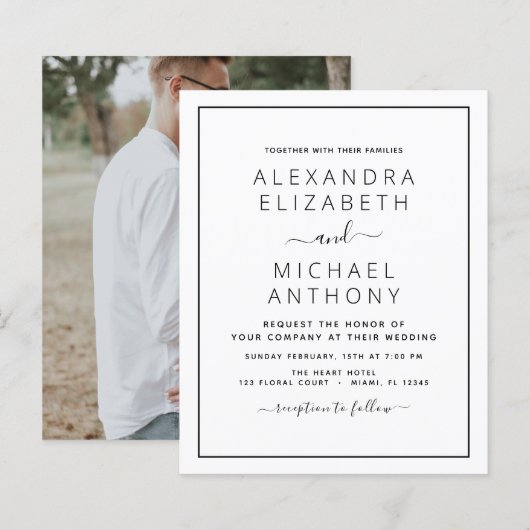 Schwarz-weiße Hochzeit mit Foto Einladung (Vorne/Hinten)