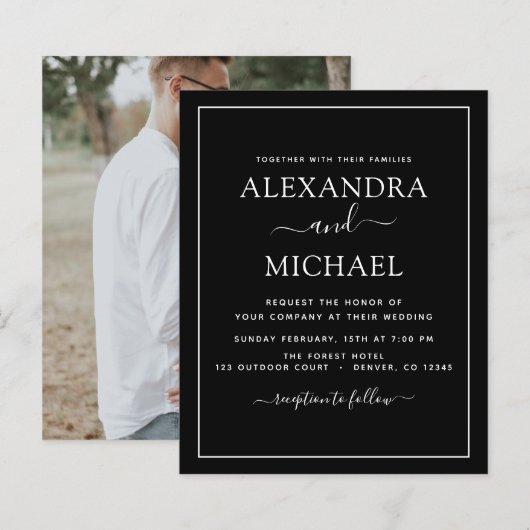 Schwarz-weiße Hochzeit mit Foto Einladung (Vorne/Hinten)