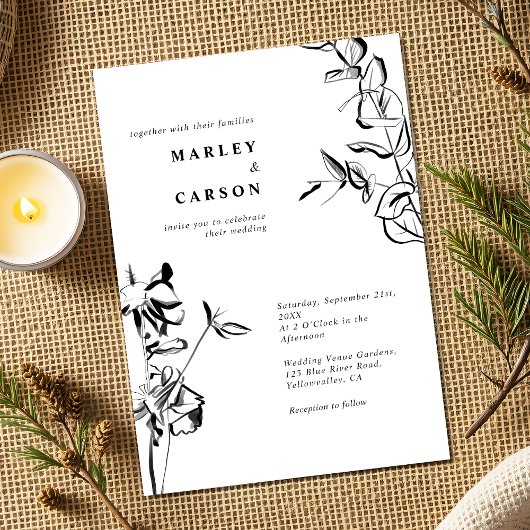 Schwarz-weiße Hochzeit mit gezeichneter Hand Einladung