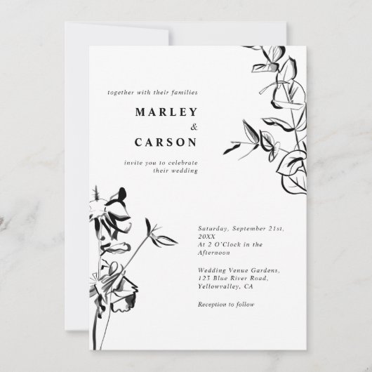 Schwarz-weiße Hochzeit mit gezeichneter Hand Einladung (Vorderseite)