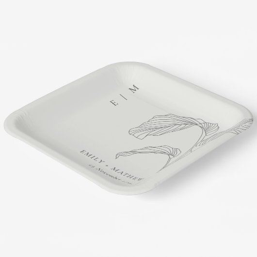 Schwarz-weiße Hochzeit mit Leafy Palm Pappteller (Gewinkelt)