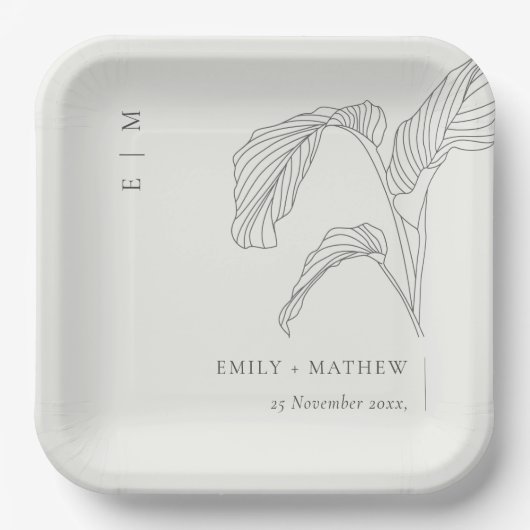 Schwarz-weiße Hochzeit mit Leafy Palm Pappteller (Vorderseite)