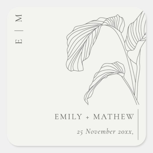 Schwarz-weiße Hochzeit mit Leafy Palm Quadratischer Aufkleber (Vorderseite)