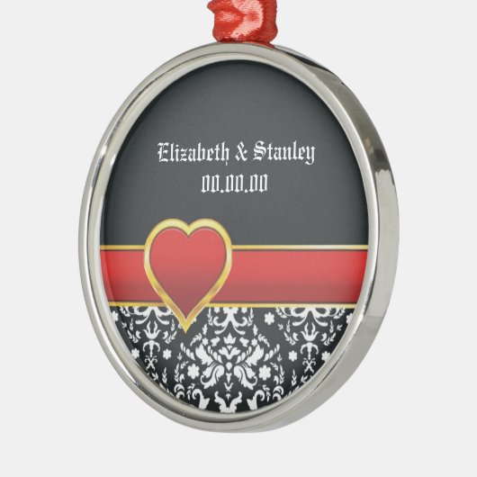 Schwarz-weiße Hochzeit mit rotem Damast Silbernes Ornament (Links)