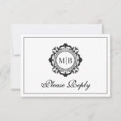 Schwarz-weiße Hochzeit mit verzierter Floral RSVP Karte (Vorderseite)
