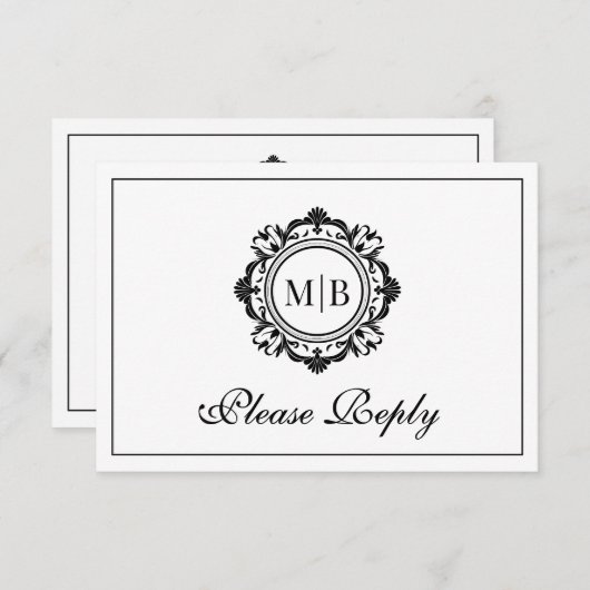 Schwarz-weiße Hochzeit mit verzierter Floral RSVP Karte (Vorne/Hinten)