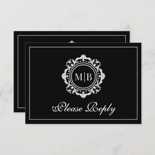 Schwarz-weiße Hochzeit mit verzierter Floral RSVP Karte (Vorne/Hinten)