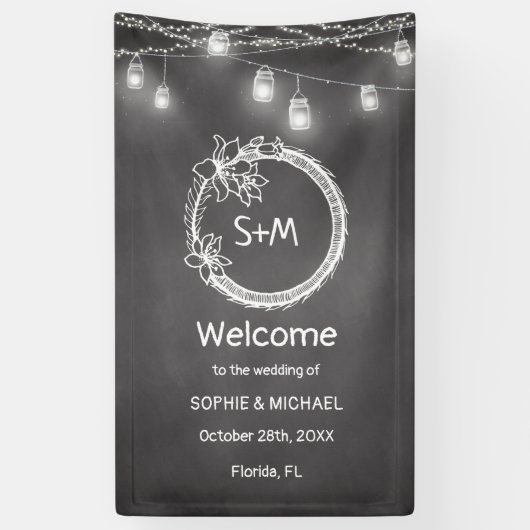 Schwarz-weiße Hochzeit rustikale Chalkboard Mason  Banner (Vertikal)