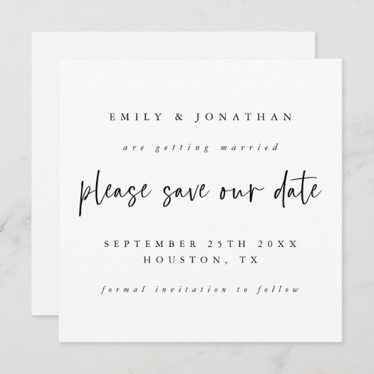 Schwarz-weiße Hochzeit speichert das Datum Mitteilungskarte (Vorne/Hinten)