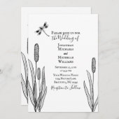 Schwarz-weiße Hochzeit von Dragonfly und Cattails Einladung (Vorne/Hinten)
