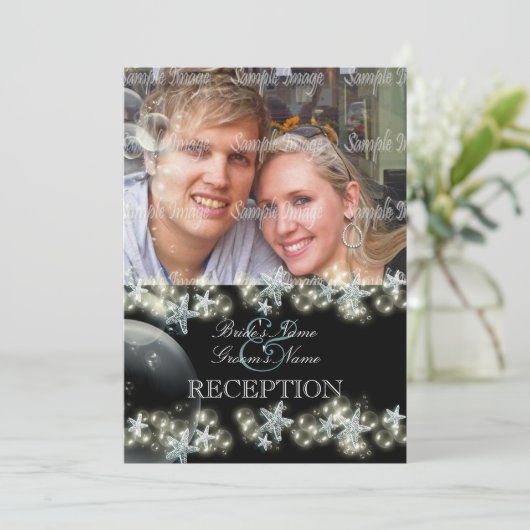 Schwarz-weiße Hochzeit von Starfish Einladung (Stehend Vorderseite)