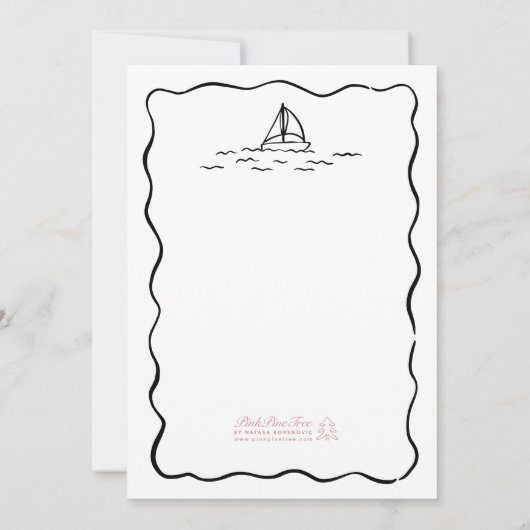 Schwarz-weiße Hochzeit von Whimsical Beach Hand Einladung (Rückseite)