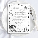 Schwarz-weiße Hochzeit von Whimsical Beach Hand Einladung<br><div class="desc">Erleben Sie Ihren besonderen Tag mit dieser lustigen, skurrilen und stilvollen Einladung zur Schwarz-Weiß-Hochzeit am Strand! Mit seinen originellen, handgezeichnet Doodle-Skizzen von Muscheln, Wellen und dem Küstenstreifen verleiht dieses Design Ihrer Feier spielerische Energie. Script-Schriftart und ein weich gewellter, schwarzer Rahmen auf einem knusprigen, weißen Hintergrund verleihen dem Ganzen eine moderne...</div>
