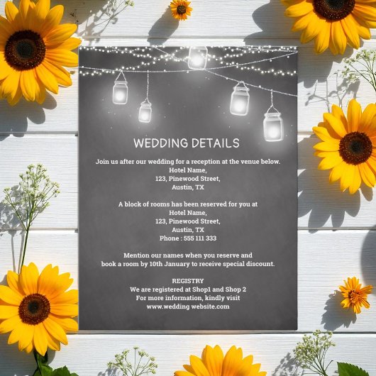 Schwarz-weiße Hochzeitdetails Mason Jar Begleitkarte