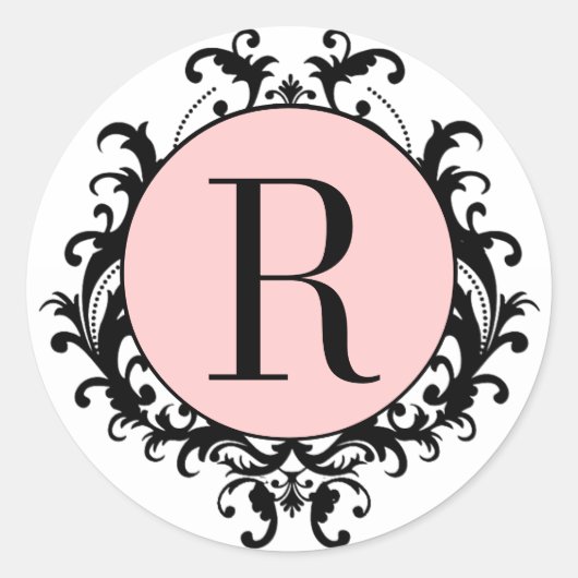 Schwarz-weiße Hochzeitmonogramm R Damask rosa Etik Runder Aufkleber (Vorderseite)