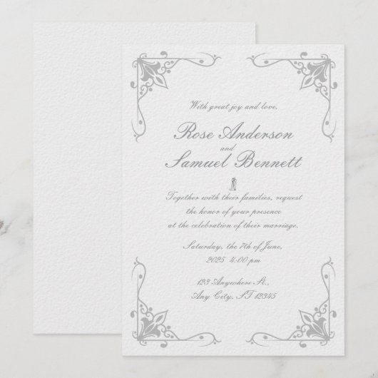 Schwarz-weiße Hochzeitseinladung Barockrahmen Einladung (Vorne/Hinten)