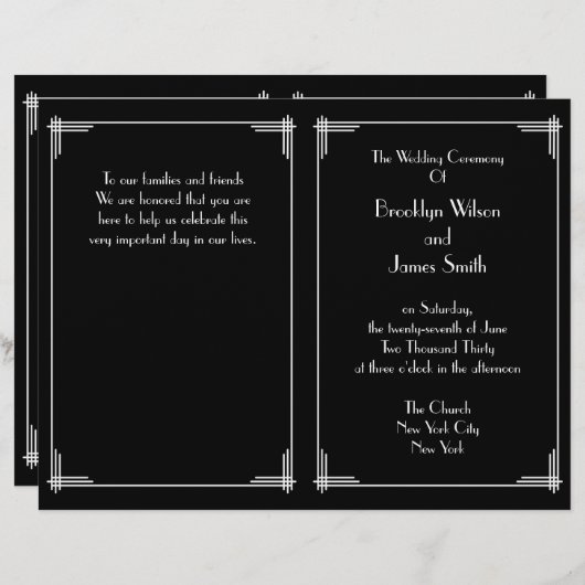 Schwarz-weiße Hochzeitsprogramme von Great Gatsby (Vorne/Hinten)