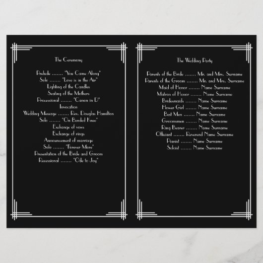 Schwarz-weiße Hochzeitsprogramme von Great Gatsby (Rückseite)