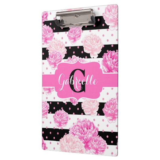 Schwarz-weiße horizontale Streifen, Floral Monogra Klemmbrett (Links)