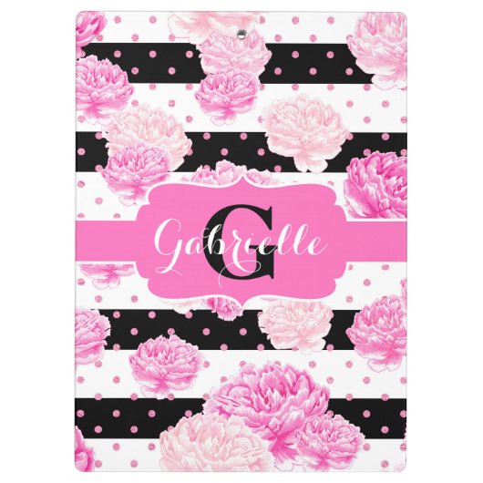 Schwarz-weiße horizontale Streifen, Floral Monogra Klemmbrett (Rückseite)