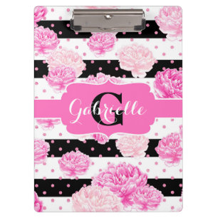 Schwarz-weiße horizontale Streifen, Floral Monogra Klemmbrett