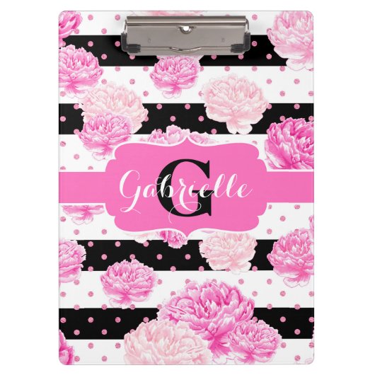Schwarz-weiße horizontale Streifen, Floral Monogra Klemmbrett (Vorderseite)