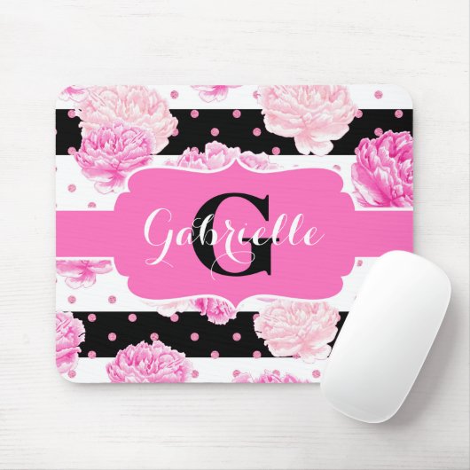 Schwarz-weiße horizontale Streifen, Floral Monogra Mousepad (Mit Mouse)