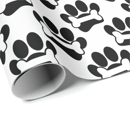 Schwarz-weiße Hunde-Paw-Drucke und Knochenmuster Geschenkpapier (Rolleneckpunkt)