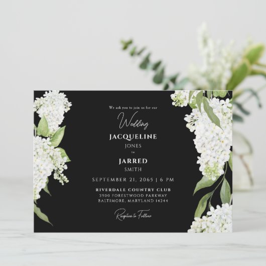 Schwarz-weiße Hydrangeas-Hochzeit Einladung (Stehend Vorderseite)
