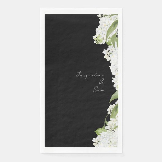 Schwarz-weiße Hydrangeas-Hochzeitsschrift Serviette (Vorderseite)