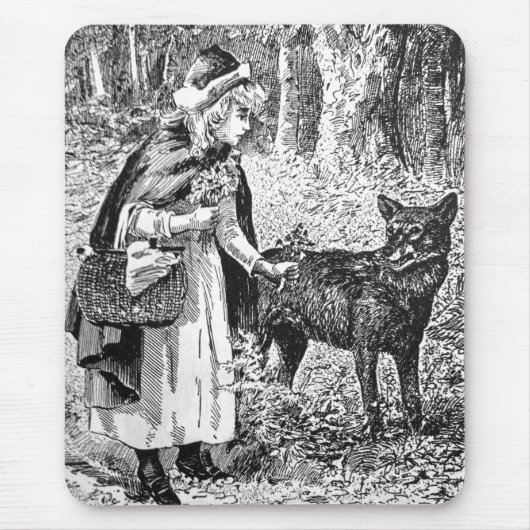 Schwarz-weiße Illustration Red Riding Hood Wolf Mousepad (Vorne)