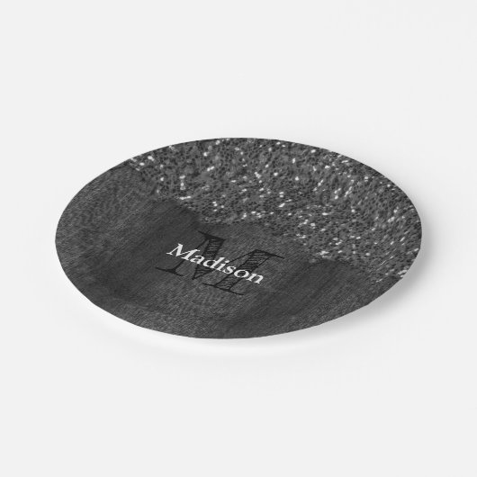 Schwarz-weiße Imitate Glitzern aus rustikalem Holz Pappteller (Schrägansicht)