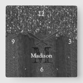Schwarz-weiße Imitate Glitzern aus rustikalem Holz Quadratische Wanduhr (Vorderseite)
