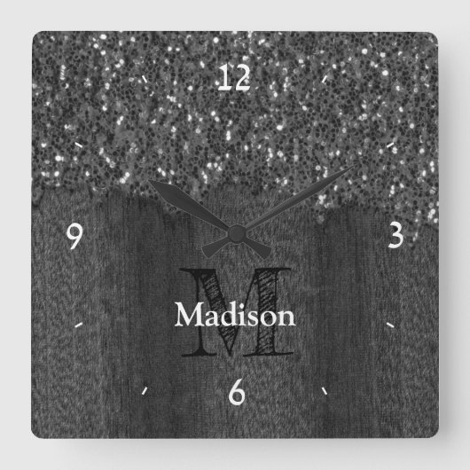 Schwarz-weiße Imitate Glitzern aus rustikalem Holz Quadratische Wanduhr (Vorderseite)