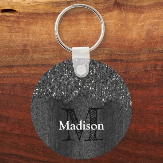 Schwarz-weiße Imitate Glitzern aus rustikalem Holz Schlüsselanhänger (Vorderseite)