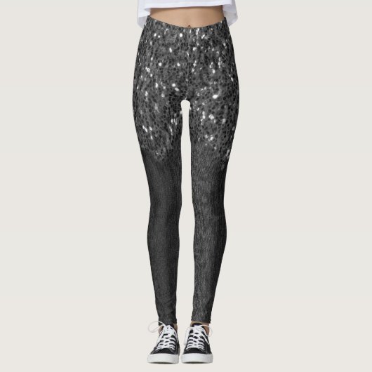Schwarz-weiße Imitate Glitzern rustikales Holz Leggings (Vorderseite)