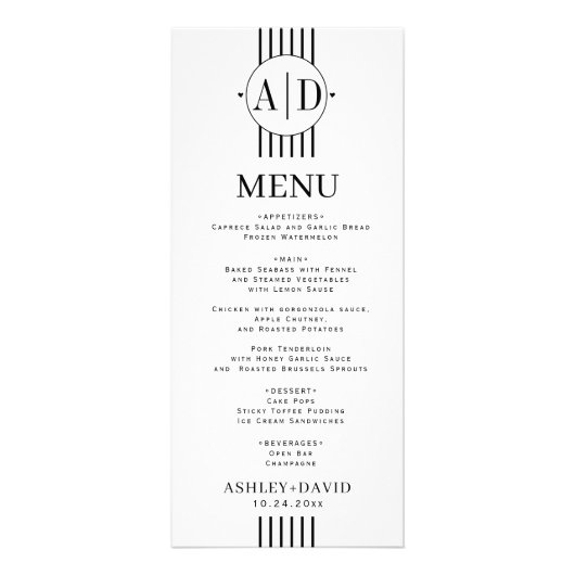 Schwarz, weiße Initialen, Streifen Hochzeitskarte Werbekarte (Vorne)