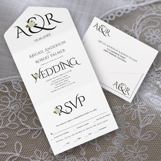 Schwarz-weiße Initialen und Ampersand, Hochzeit de All In One Einladung