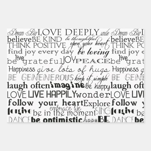 Schwarz-weiße Inspirationswörter Geschenkpapier Set (Vorderseite)